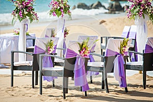 Wedding flowers setting on the beach.