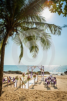 Wedding flowers setting on the beach.