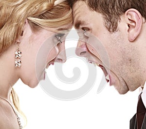 Wedding fury couple yelling, relationship difficulties