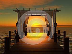 Wedding gazebo on the wooden pier at sunset