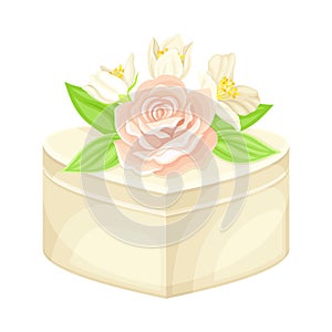 Wedding Gift Box with Floral Decor on Top Closeup Vector Illustration