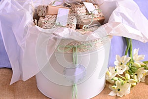 Wedding gifts original guest gift boxes natural soaps in white decorative bucket with cotton lace and custom label