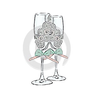 Wedding glasses and flowers. Vector illustration for a postcard or a poster. Celebration.