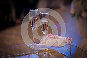 Wedding glasses, pillow with wedding rings