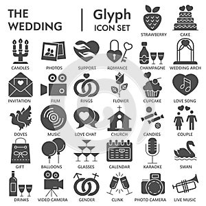 Wedding glyph SIGNED icon set, love symbols collection, vector sketches, logo illustrations, celebration signs solid