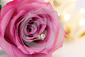 Wedding gold ring with diamond and rose flowers