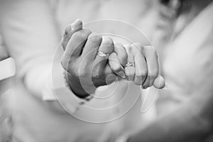 Wedding gold rings on the hands of the newlyweds. Gold rings on the hand of a man and a woman