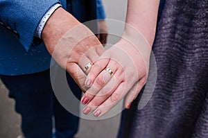 Wedding gold rings on the hands of the newlyweds. Gold rings on the hand of a man and a woman