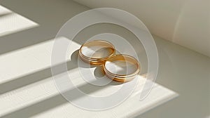 Wedding gold rings on light background with shadows. Aesthetic invitation concept. Generative AI