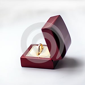 Wedding golden ring in opened redwood box