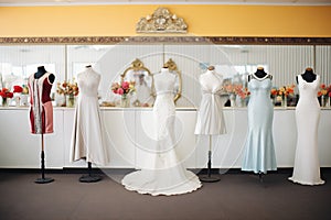 wedding gowns displayed on mannequins