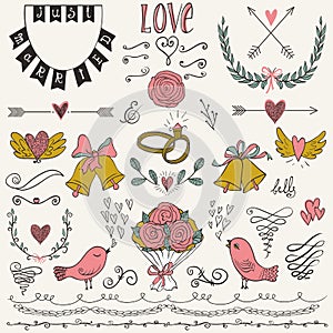 Wedding graphic set, arrows, hearts, birds, bells, rings, laurel, wreaths, ribbons and labels.
