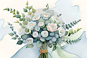 Wedding greenery bouquet. Watercolor illustration with beautiful flowers