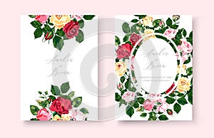 Wedding greenery floral invitation card with red pink yellow roses