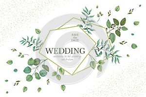 Wedding greenery frame. Invitation card template with rustic eucalyptus branches and leaves. Vector summer floral