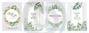 Wedding greenery posters. Floral green invitation cards with rustic garden branches and leaves. Vector trendy eucalyptus