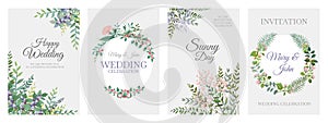 Wedding greenery posters. Green floral frame cards, trendy plants wreath and borders, vintage rustic elements. Vector photo