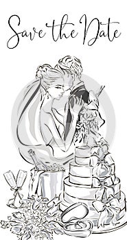 Wedding greeting card with bride and groom, wedding cake, champagne, flowers and wedding rings. Clip art set black and white weddi