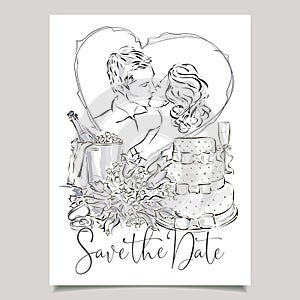 Wedding greeting card with bride and groom, wedding cake, champagne, flowers and wedding rings. Clip art set black and white weddi