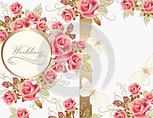 La boda de vectores de tarjetas de felicitación con rosas de color rosa, de estilo vintage para el diseño.