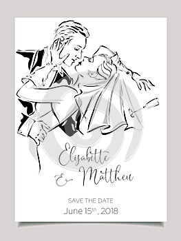 Wedding greeting card with kissing bride and groom. Clip art set black and white wedding invitation template vector illistration