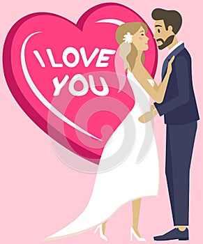 Wedding greeting card template, vector illustration. Happy newlywed hugging couple, bride and groom