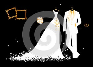 Wedding groom suit and bride's dress white