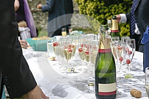 Wedding guests drinking raspberry bellini champagne cocktails in an outdoor setting