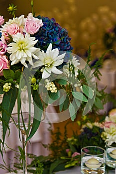 Wedding hall table flowers decoration detail