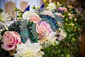 Wedding hall table flowers decoration detail