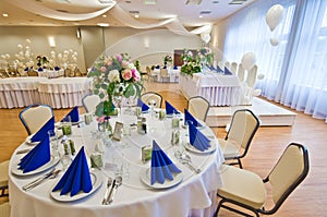 Wedding hall table flowers decoration detail