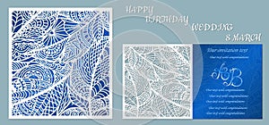 Wedding, happy birthday, 8 March. Greeting card with feathers. Envelope mock up for laser cutting. Template for laser, plotter