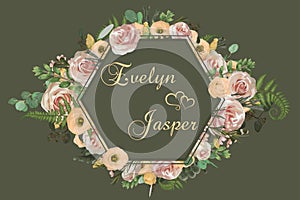 Wedding horizontal floral invitation, invite card. Vector watercolor set pink rose flowers, eustoma cream, brunia, green fern,