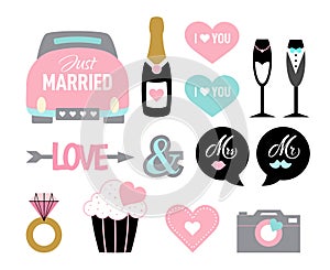 Wedding icon set cartoon style marriage bride