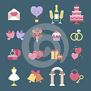 Wedding icon vector set isolated on blue