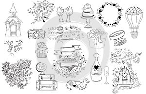 Wedding icons, doodle illustrations