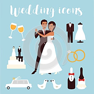 Wedding icons set. Bridal ceremony, car, dress and groom bride. Flat design vector illustration.