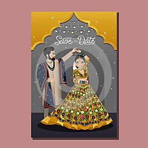Cute couple in traditional indian dress cartoon character.Romantic wedding invitation card