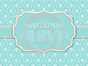 Wedding invitation and announcement card with vintage background artwork. Elegant ornate damask background.