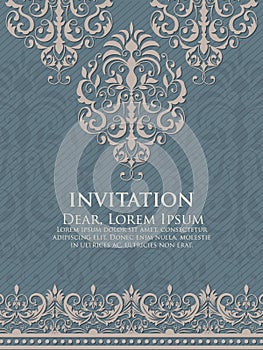 Wedding invitation and announcement card with vintage background artwork. Elegant ornate damask background.