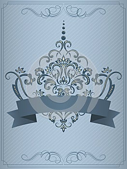 Wedding invitation and announcement card with vintage background artwork. Elegant ornate damask background.