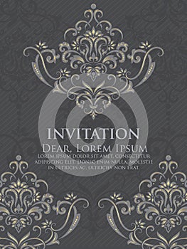 Wedding invitation and announcement card with vintage background artwork. Elegant ornate damask background.