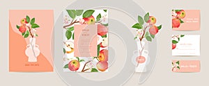 Wedding invitation apple vector card. Vintage botanical Save the Date set. Design template of fruits, flowers