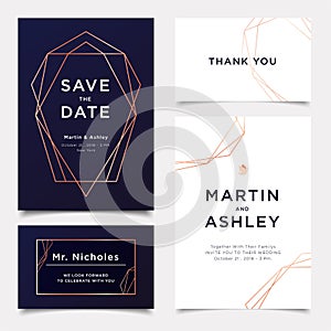 Wedding Invitation, art deco style invite thank you, rsvp modern card Design with navy blue and white gold geometrical polyhedron