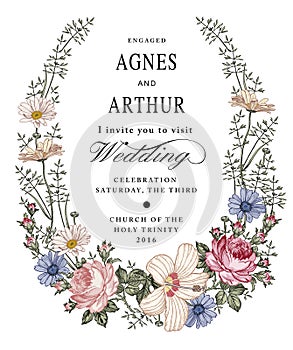 Wedding invitation. Frame, label. Beautiful flowers Chamomile Rose hibiscus mallow Vector victorian Illustration.