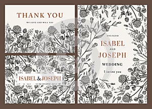 Wedding invitation Beautiful flowers Vintage card Frame Drawing engraving Clover Flax Vector Illustration Wallpaper Thank You