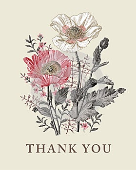 Wedding invitation Beautiful flowers Vintage card Frame Drawing engraving Poppy croton Vector Illustration Thank you