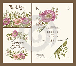 Wedding invitation Beautiful flowers Vintage card Frame Drawing engraving Poppy croton Vector Illustration Thank you