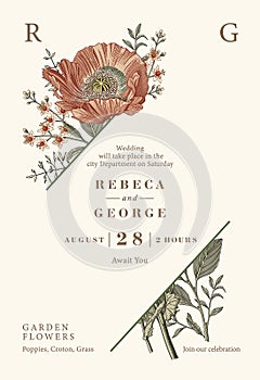 Wedding invitation Beautiful flowers Vintage card Frame Drawing engraving Poppy croton Vector Illustration Wallpaper