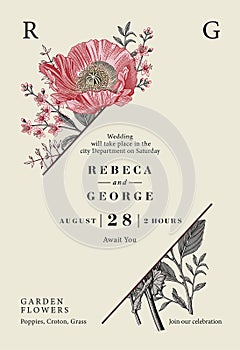 Wedding invitation Beautiful flowers Vintage card Frame Drawing engraving Poppy croton Vector Illustration Wallpaper